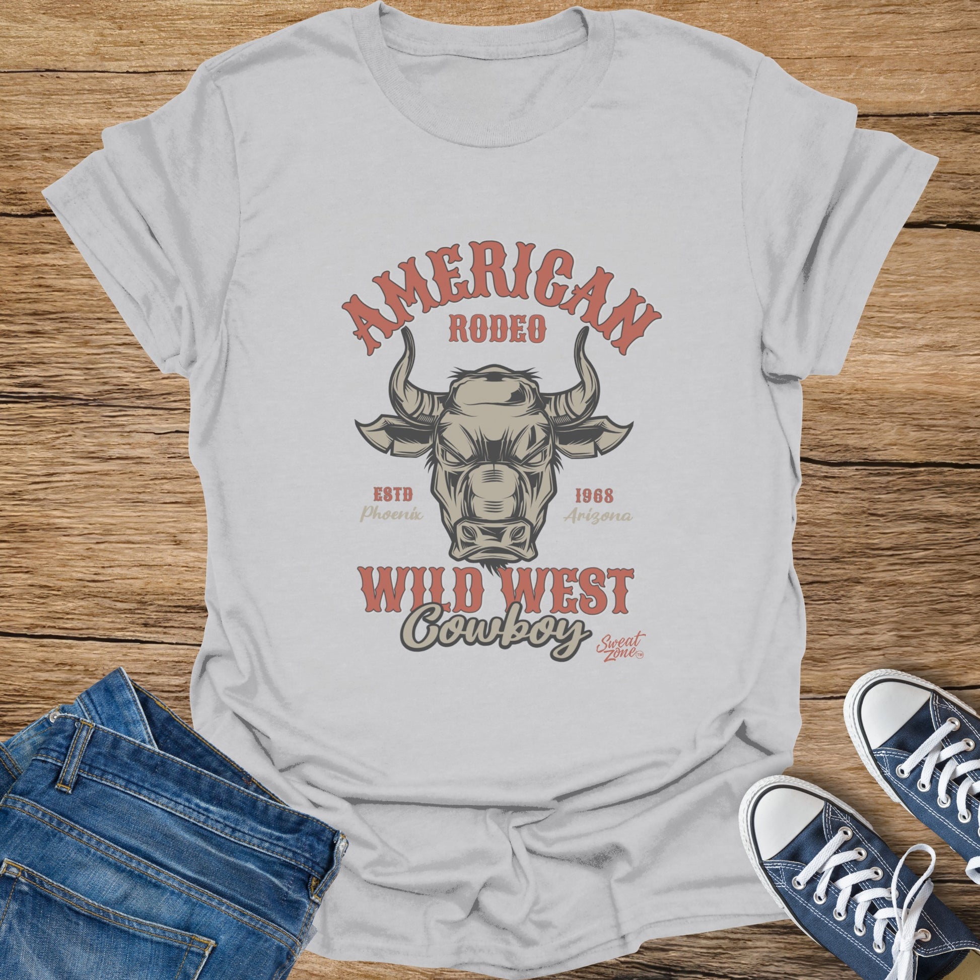 White t-shirt with aggressive bull graphic and text: American Rodeo, Wild West Cowboy.