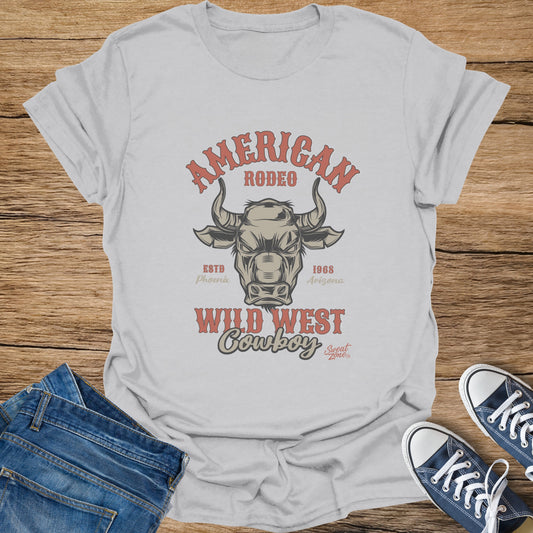 White t-shirt with aggressive bull graphic and text: American Rodeo, Wild West Cowboy.