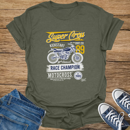 Olive green t-shirt with "Super Cross Race Champion Motocross" and motorcycle graphics.