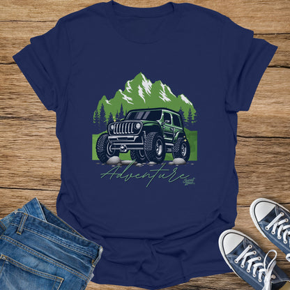Green off-road vehicle graphic with mountains, trees, and the word "Adventure."