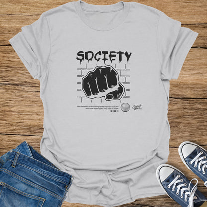 White t-shirt with black "SOCIETY" text, fist graphic, and globe logo.