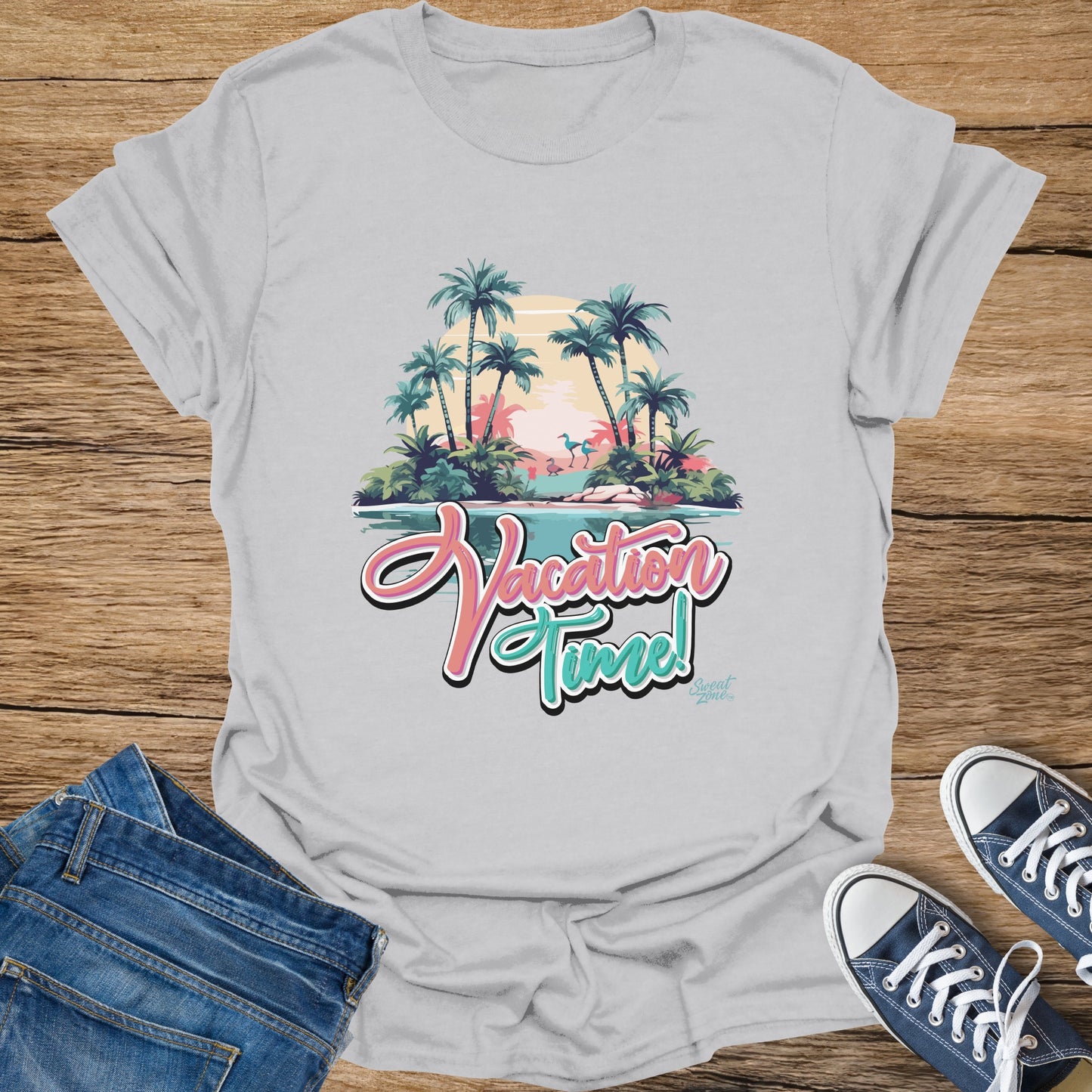 Gray t-shirt with "Vacation Time!" text and tropical beach graphic.