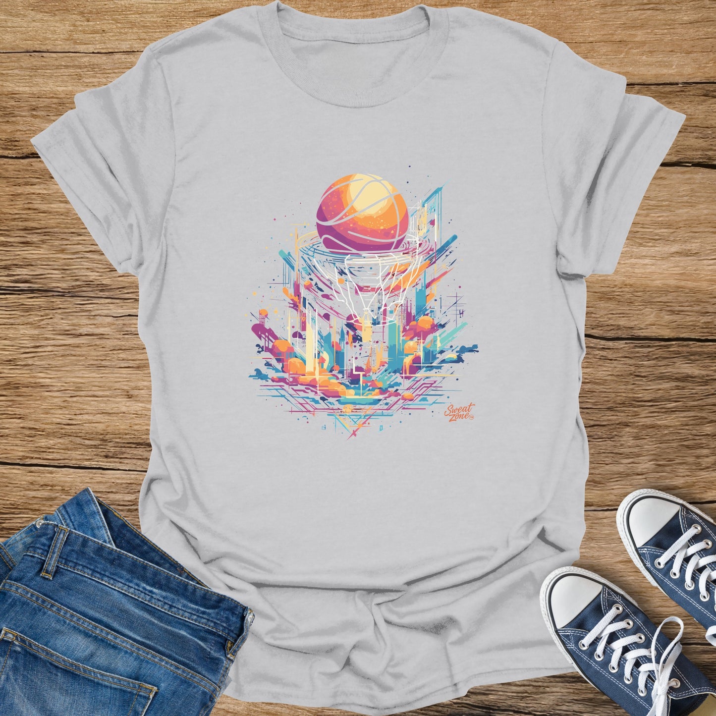 Gray t-shirt with abstract basketball and cityscape graphic, "Sweat Zone" logo.