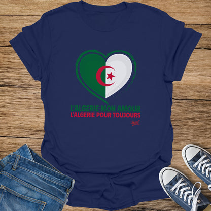 Navy t-shirt with Algerian flag heart and french text L'ALGERIE MON AMOUR.
