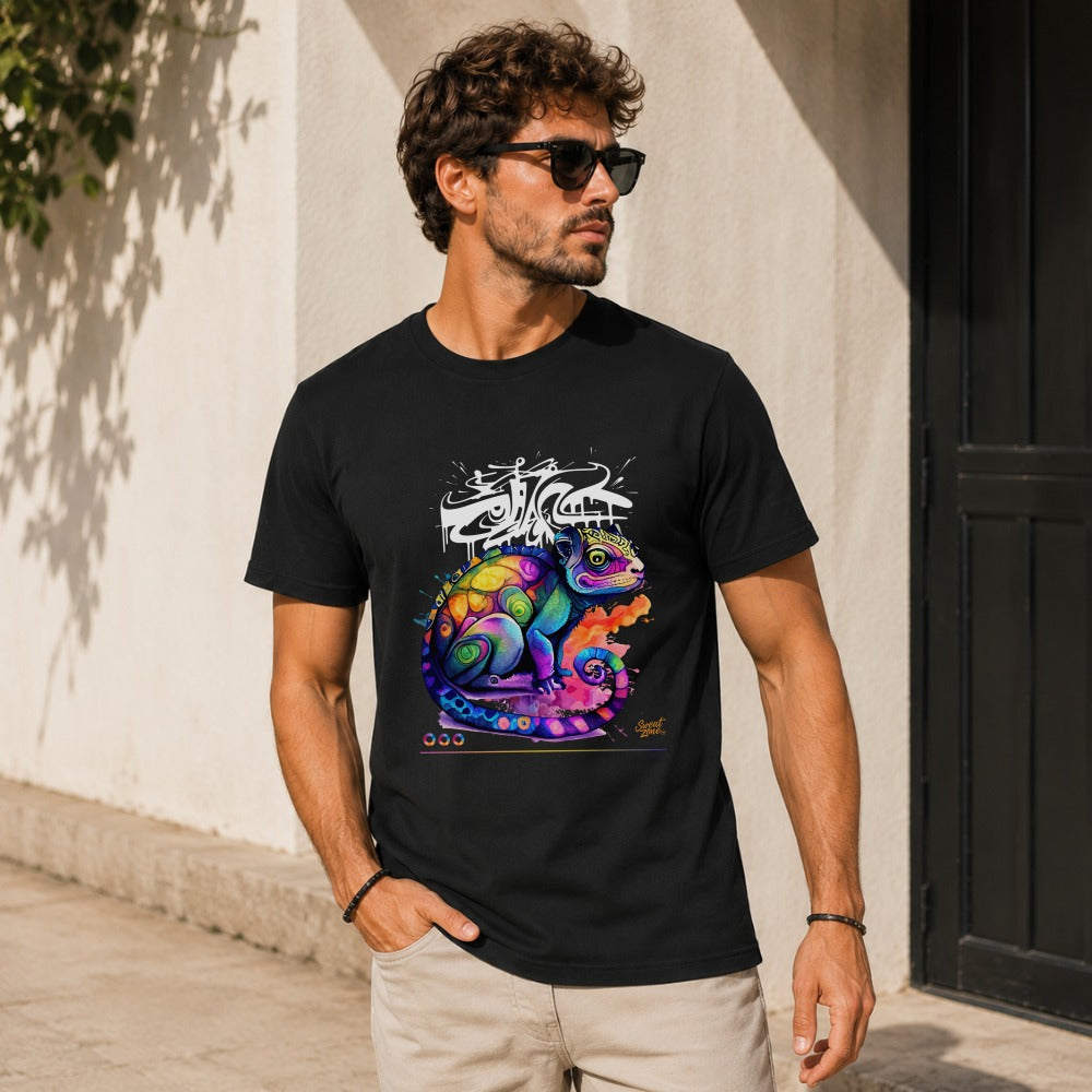 Black t-shirt with a colorful, psychedelic chameleon graphic and white graffiti-style text.