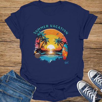 Navy t-shirt with "Summer Vacation" text and a tropical sunset graphic.