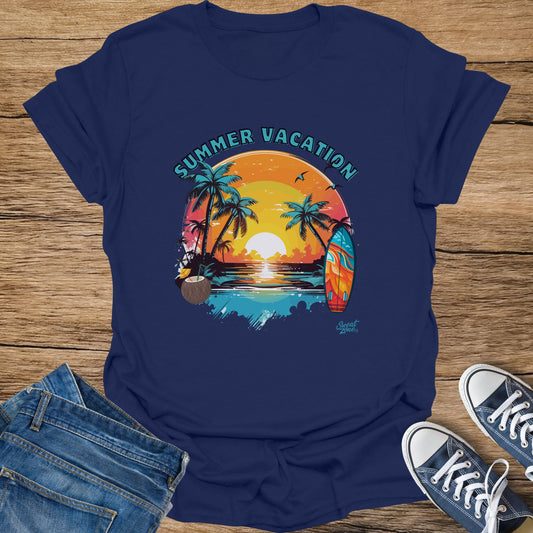 Navy t-shirt with "Summer Vacation" text and a tropical sunset graphic.