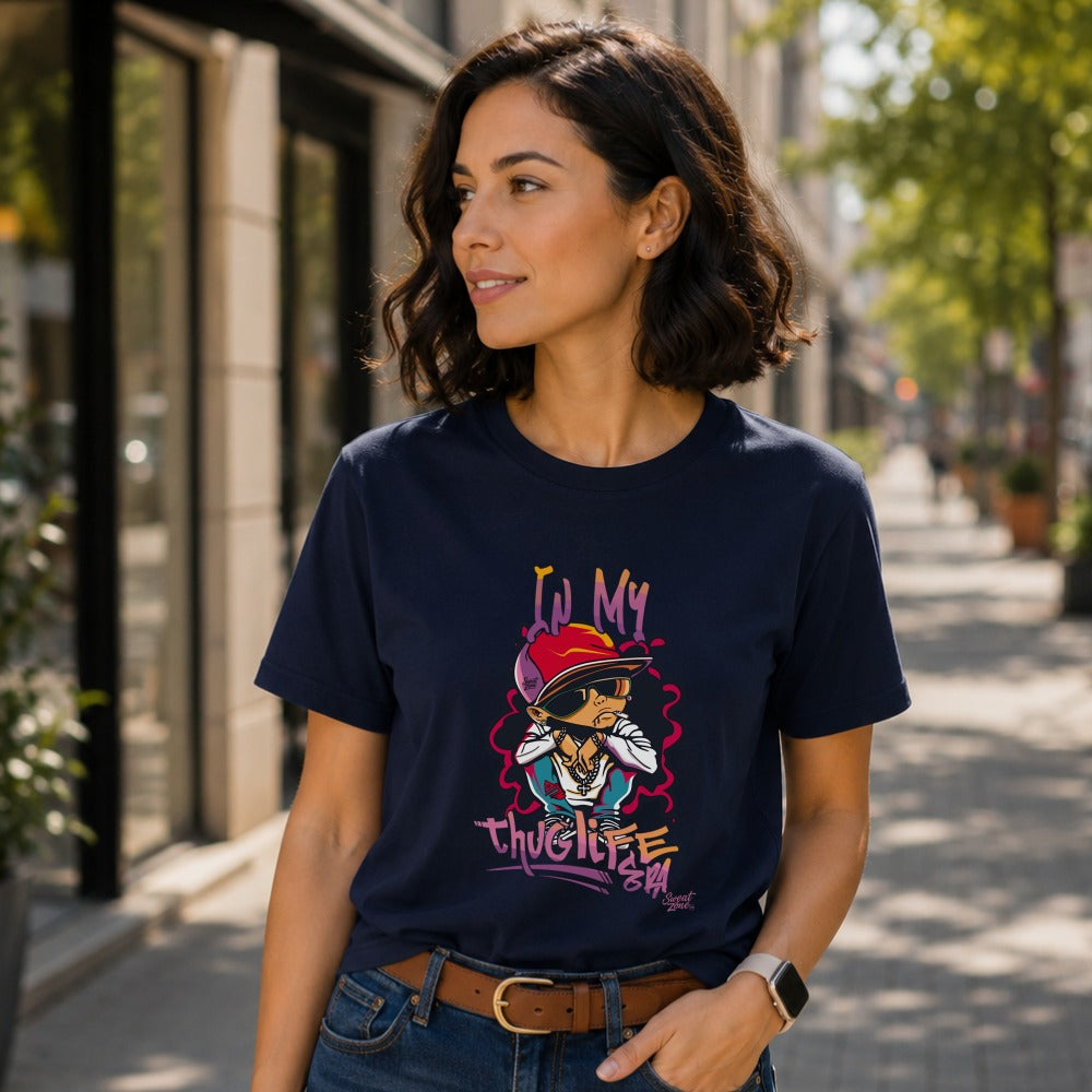 Navy t-shirt with cartoon graphic and text "IN MY THUG LIFE".