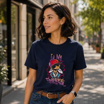 Navy t-shirt with cartoon graphic and text "IN MY THUG LIFE".