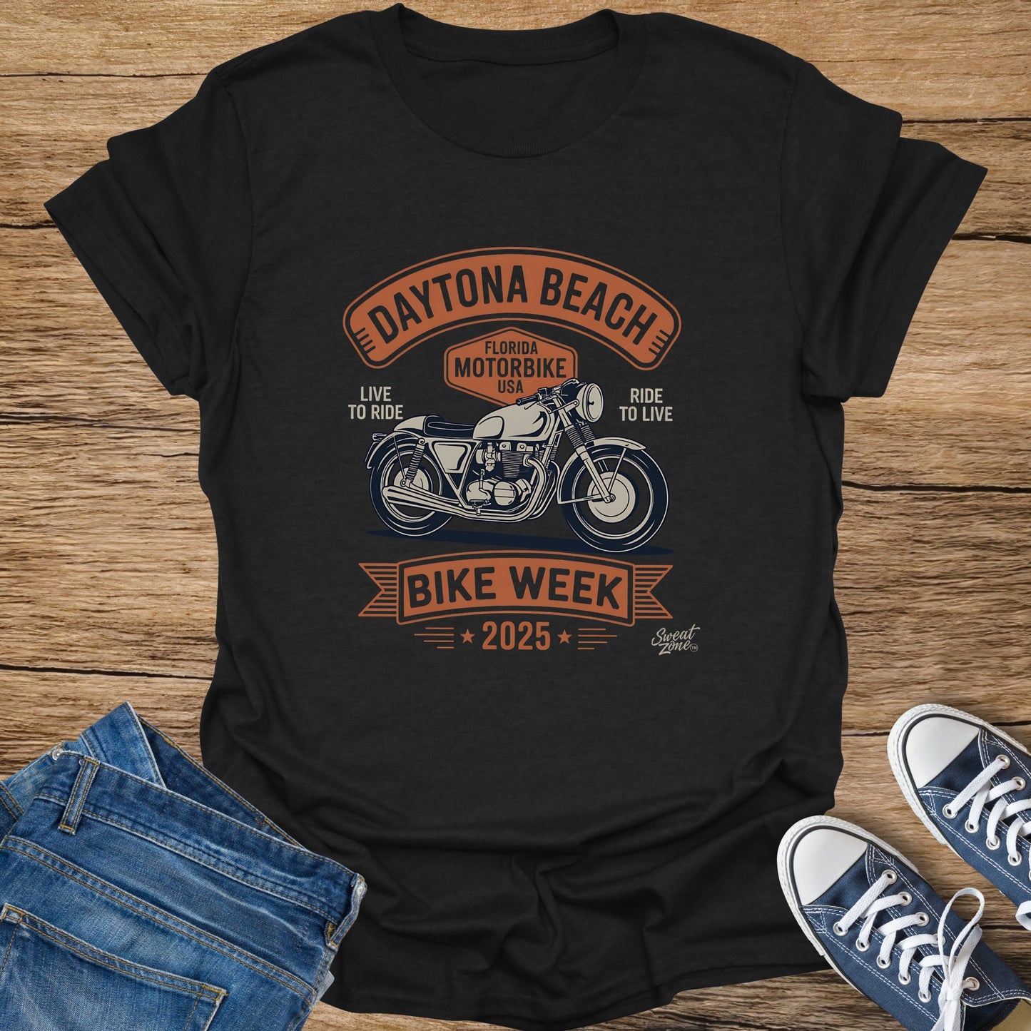 Black t-shirt with Daytona Beach Bike Week 2025 graphic and classic motorbike.