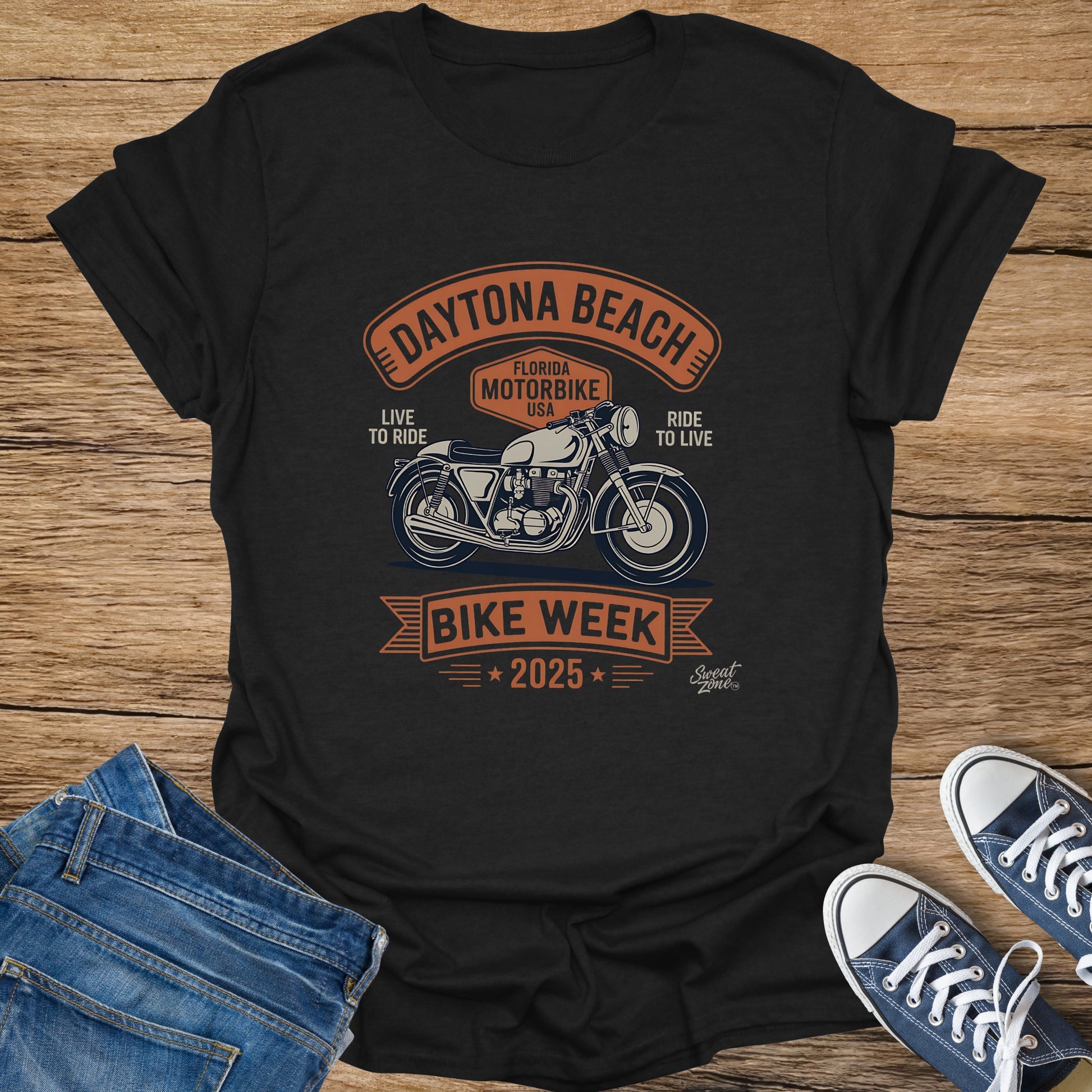 Black t-shirt with Daytona Beach Bike Week 2025 graphic and classic motorbike.