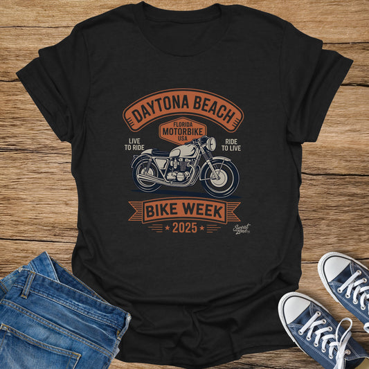 Black t-shirt with Daytona Beach Bike Week 2025 graphic and classic motorbike.