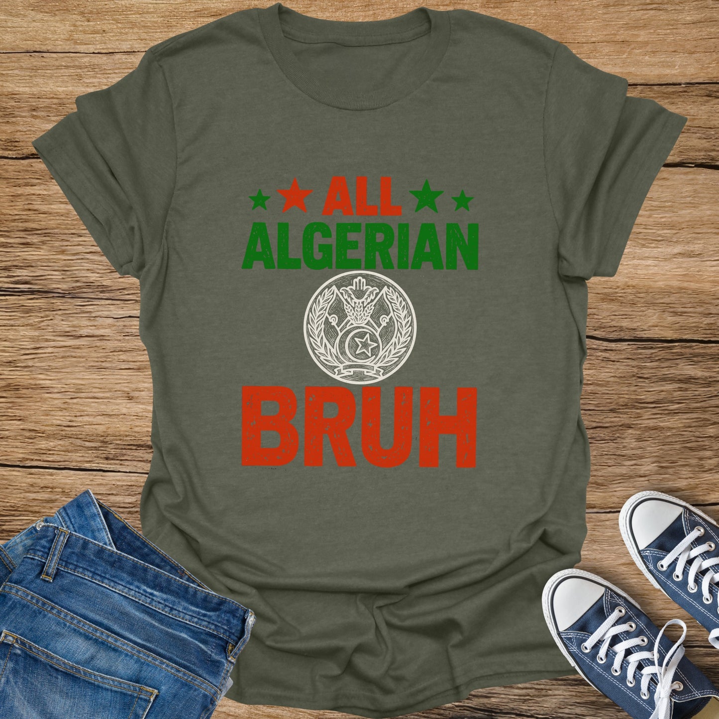 Green t-shirt with "ALL ALGERIAN BRUH" text and Algerian emblem.