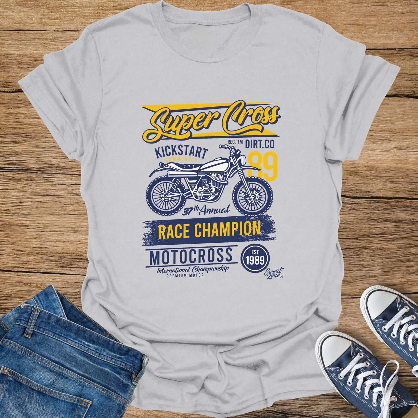 Grey t-shirt with Super Cross Motocross Race Champion design, motorcycle graphic, and 1989.