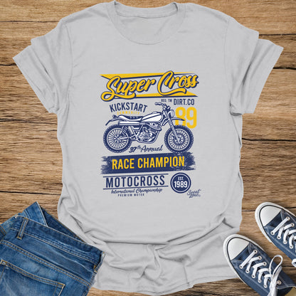 Grey t-shirt with Super Cross Motocross Race Champion design, motorcycle graphic, and 1989.