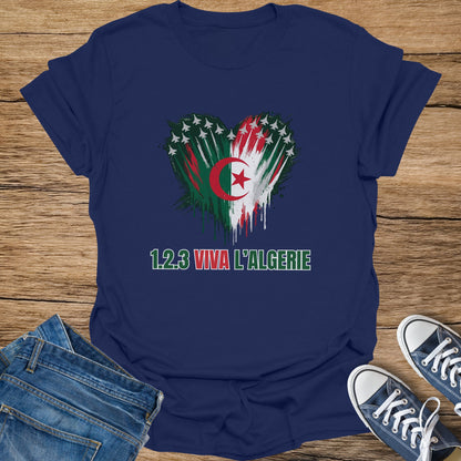 Navy t-shirt with heart-shaped Algerian flag and "1.2.3 VIVA L'ALGERIE" text.