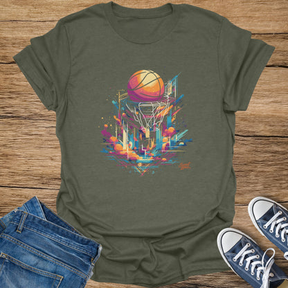 Green t-shirt with abstract basketball and city graphic, "Sweat Zone" logo.