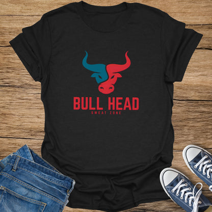 Black t-shirt with red "BULL HEAD SWEAT ZONE" text and stylized bull head logo.