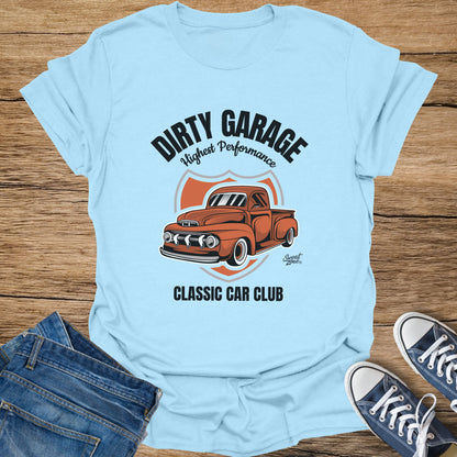 Light blue t-shirt with "DIRTY GARAGE Highest Performance" and vintage truck graphic.