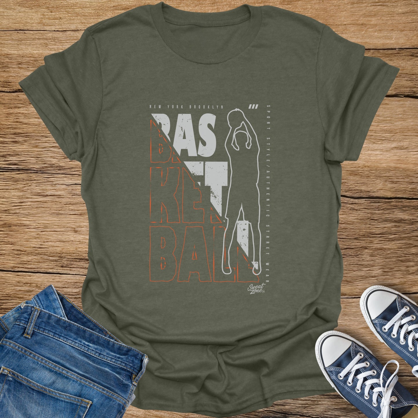 Olive green t-shirt with "Basketball" graphic and basketball player outline.