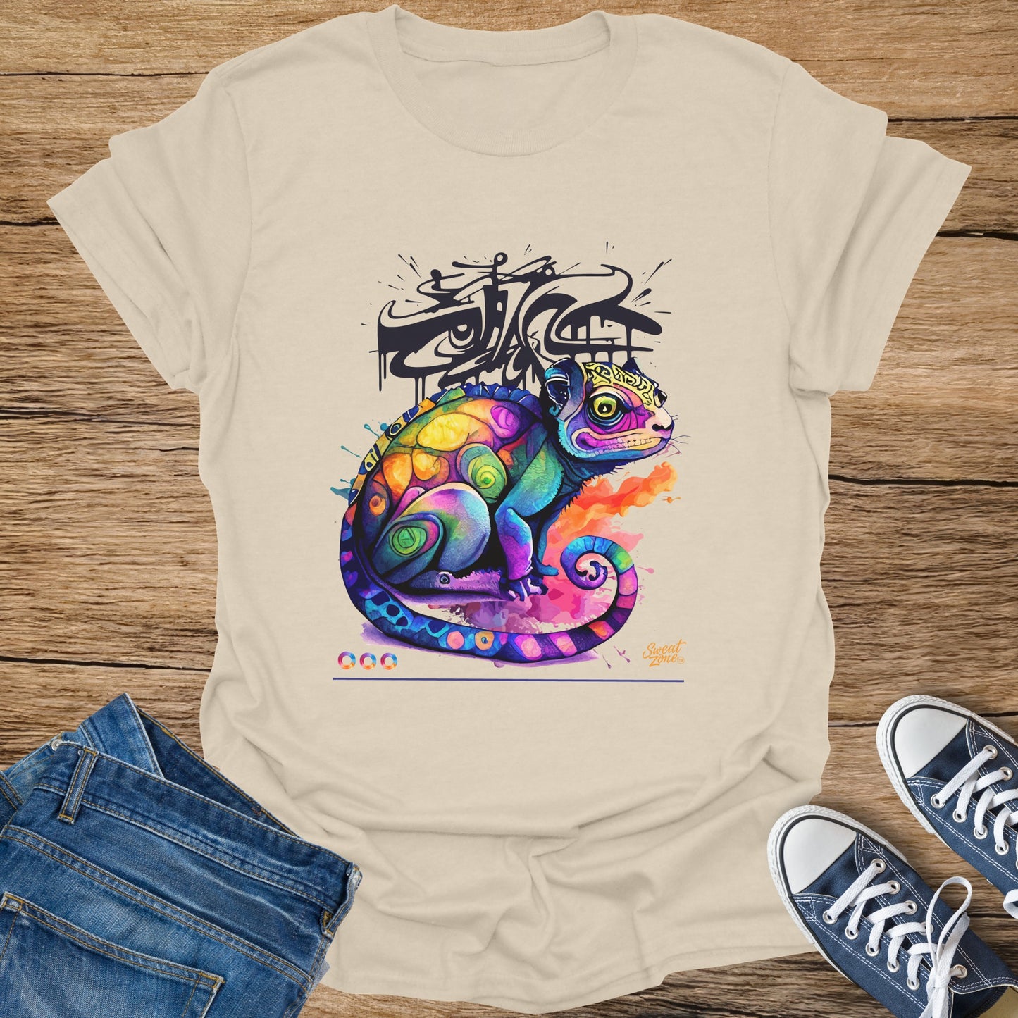 Cream t-shirt with colorful graffiti chameleon and "Sweat Zone" text.