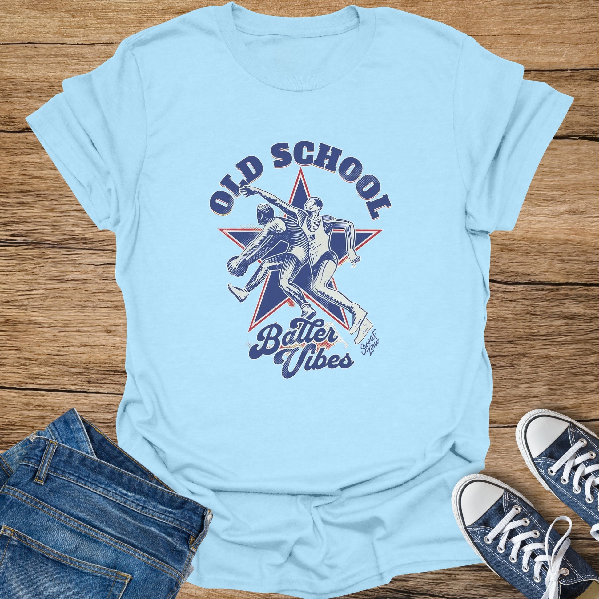 Light blue t-shirt with "Old School Batter Vibes" and wrestling figures graphic.