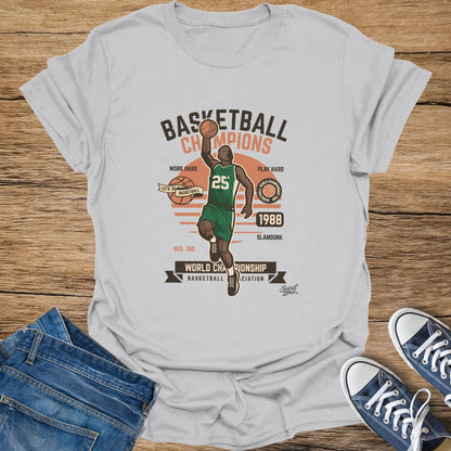 Basketball Champions 1988 graphic with player dunking, text includes "Work Hard," "Play Hard," and "Slamdunk."