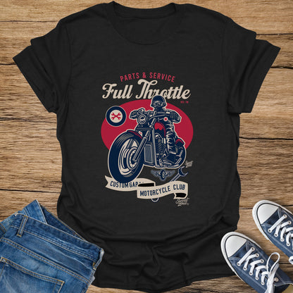 Black t-shirt with "Full Throttle" motorcycle graphic and "Custom Gap Motorcycle Club" text.