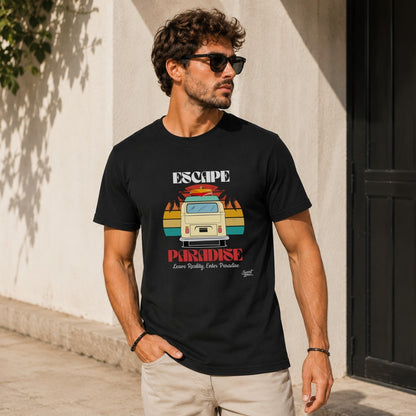 Black t-shirt with "Escape Paradise" graphic featuring a vintage van and palm trees.