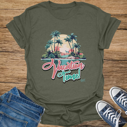 Olive green t-shirt with "Vacation Time!" text and tropical scene graphic.
