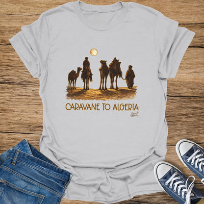 Caravane to Algeria graphic with camels and riders under a full moon.