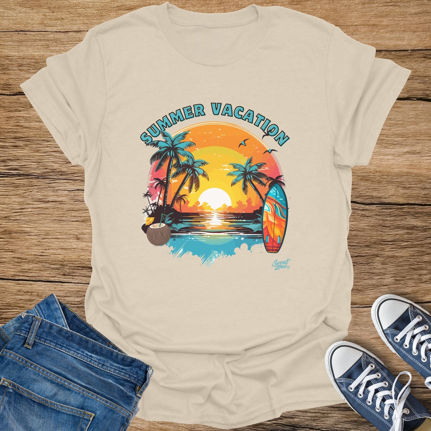 T-shirt with "Summer Vacation" text and tropical beach sunset graphic.