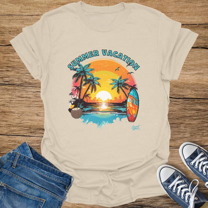 T-shirt with "Summer Vacation" text and tropical beach sunset graphic.