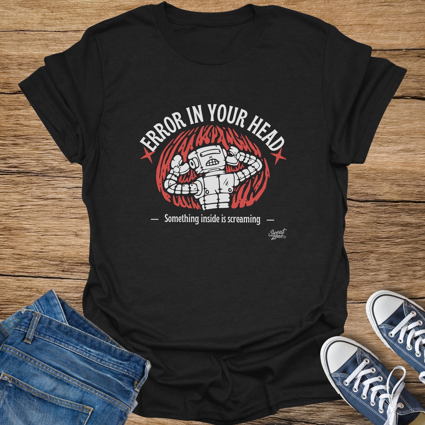 Black t-shirt with a robot graphic and text "ERROR IN YOUR HEAD".