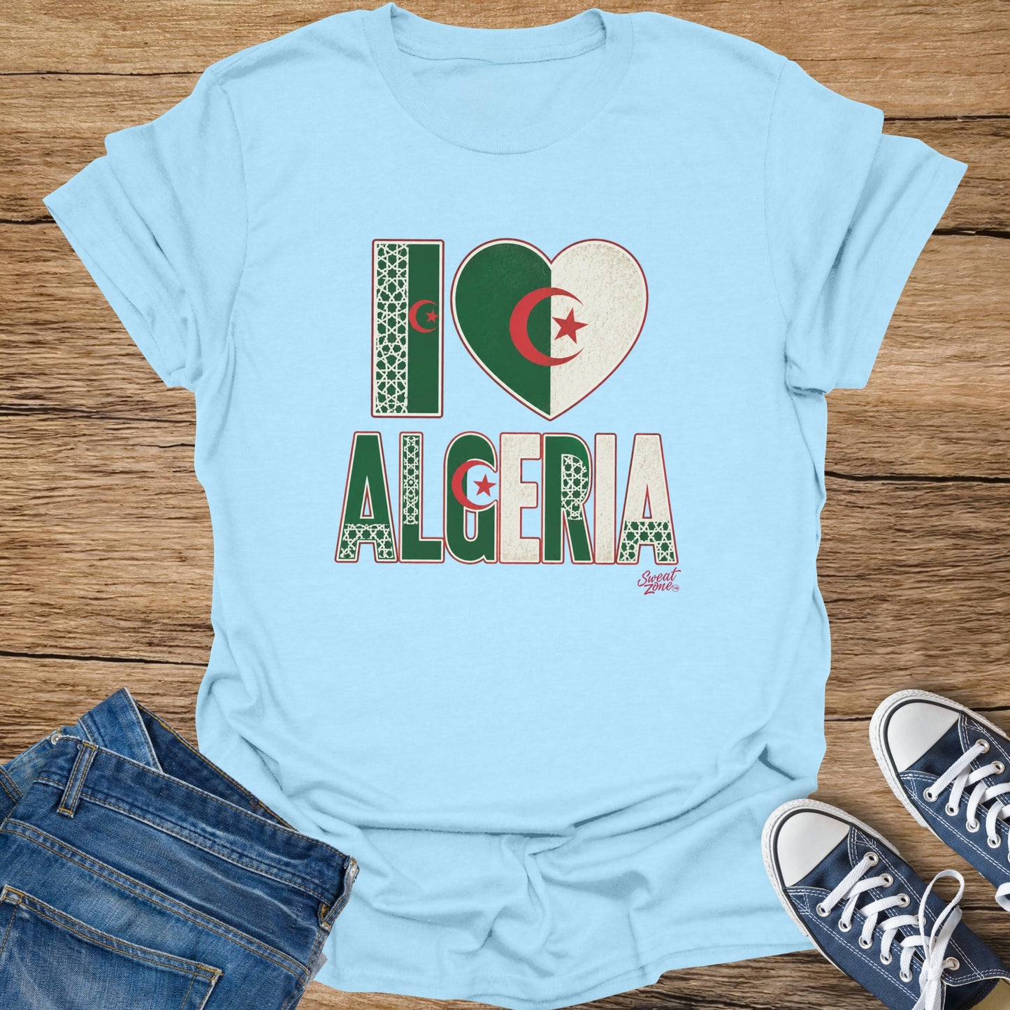 Light blue t-shirt with "I love Algeria" graphic and Algerian flag heart.