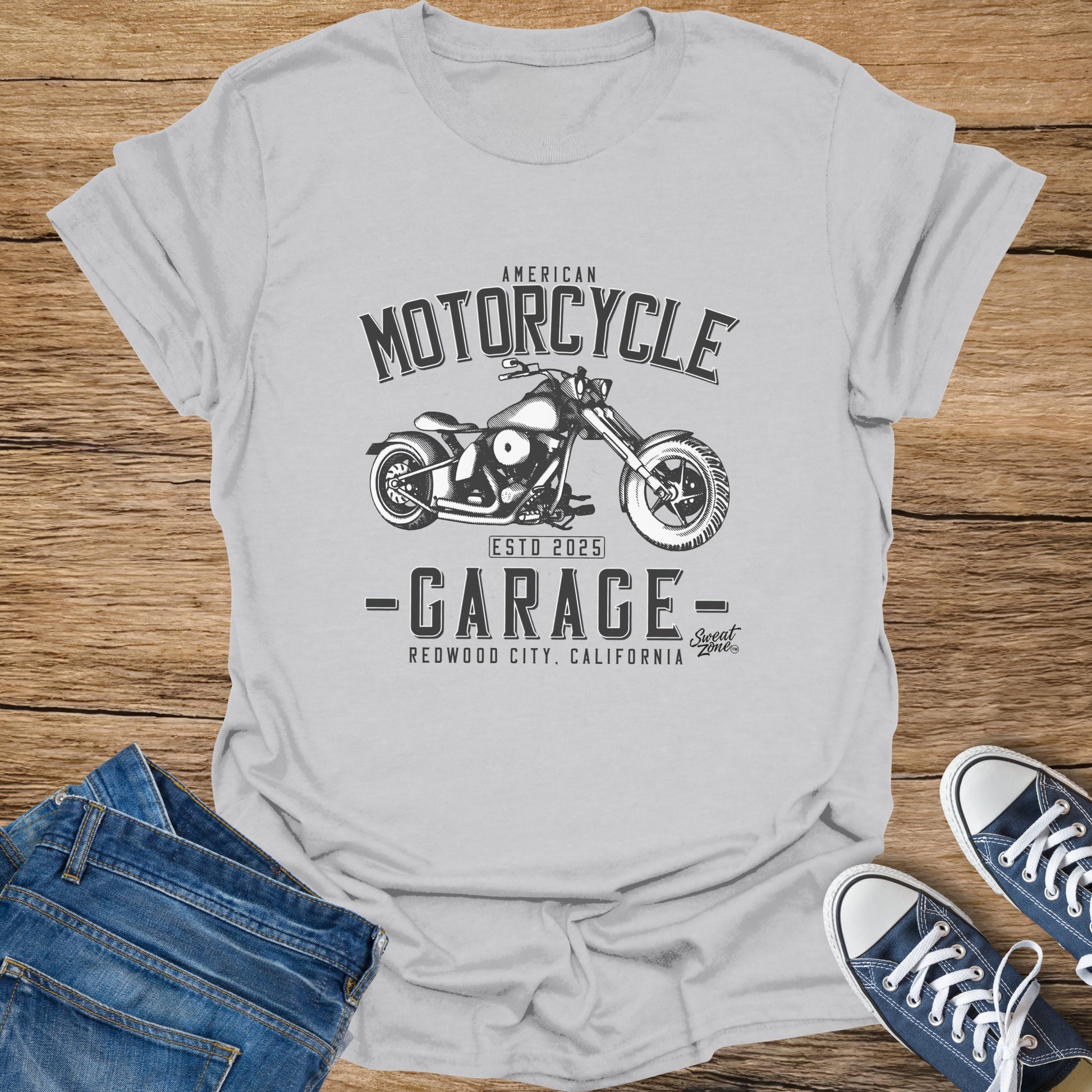 American Motorcycle Garage Redwood City California t-shirt design.