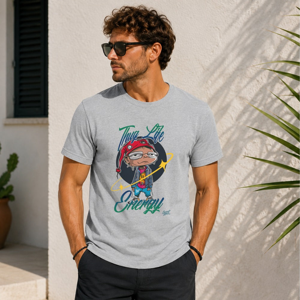 Grey t-shirt with "Thug Life Energy" graphic of cartoon character.