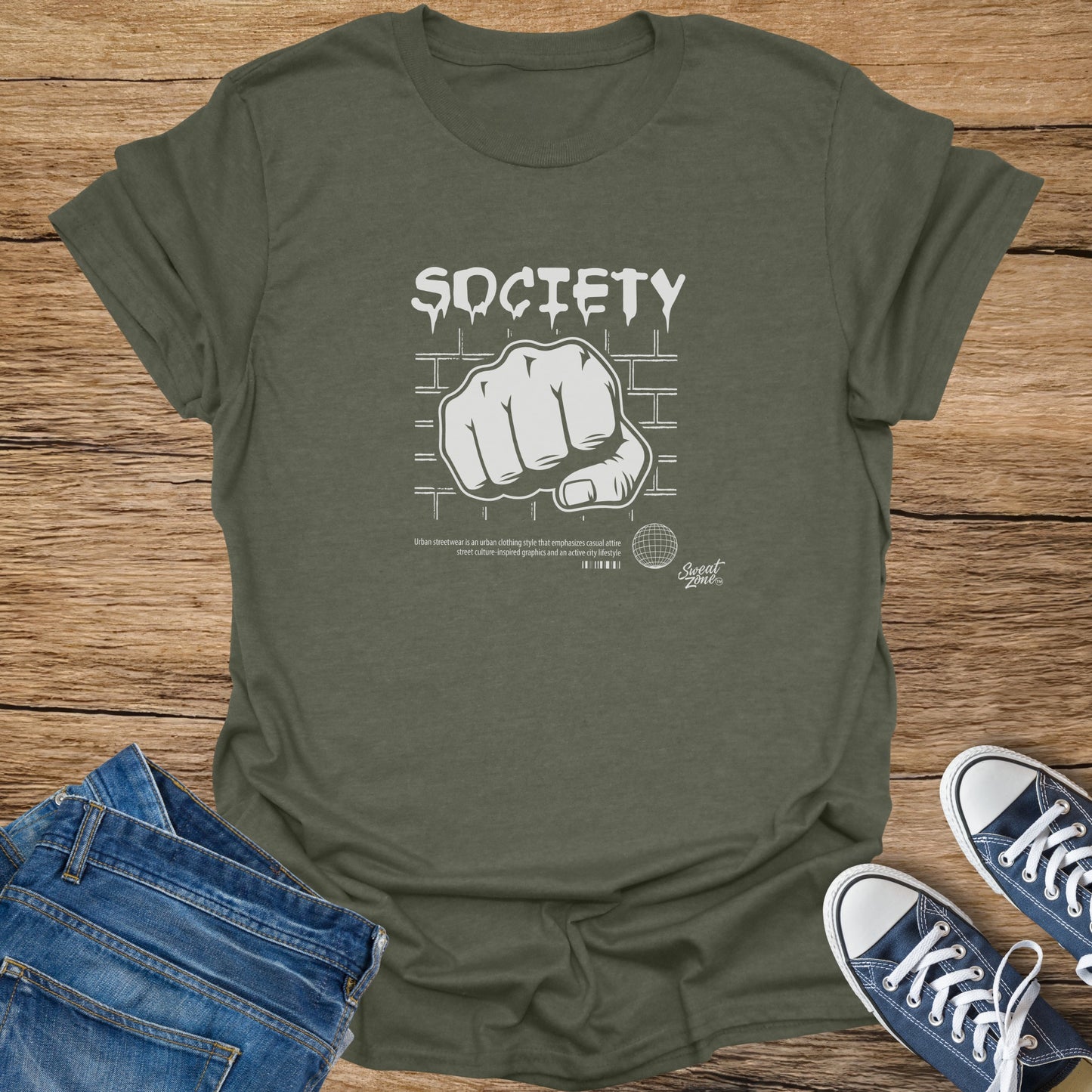 Olive t-shirt with "SOCIETY" text and a white fist graphic.