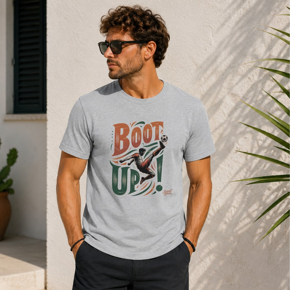 Grey t-shirt with "BOOT UP!" text and soccer player graphic.