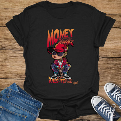 Black t-shirt with cartoon character, "Money Talks" and "And Bullshit Walks" text.