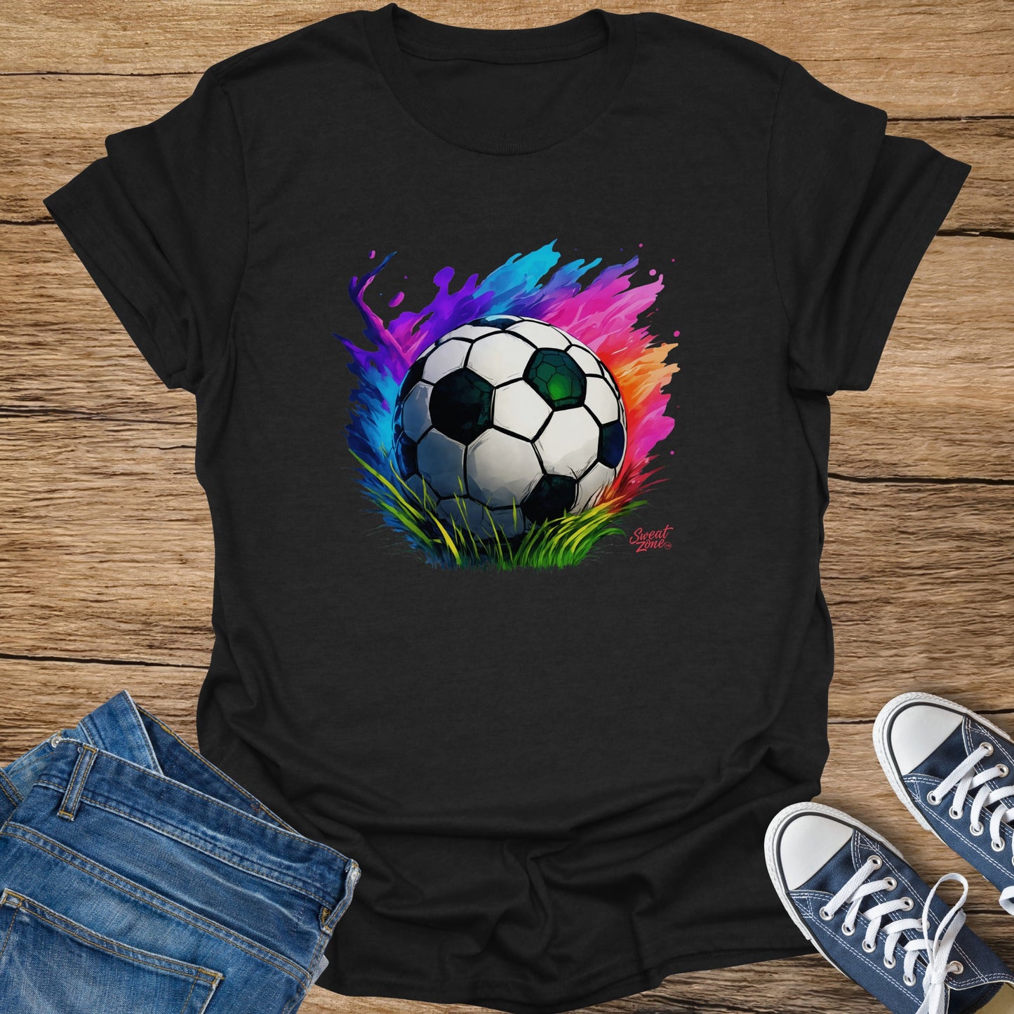 Black t-shirt with a vibrant watercolor soccer ball design and "Sweat Zone" text.