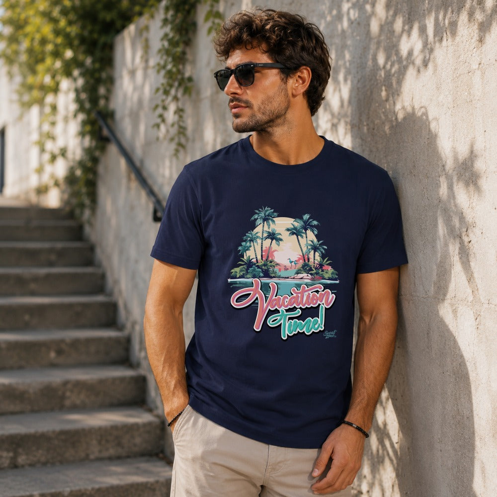 Navy t-shirt with tropical scene and "Vacation Time!" text.