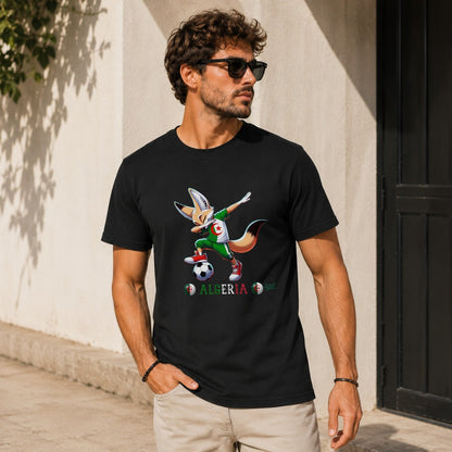 Man wearing black t-shirt with cartoon fox playing soccer and "Algeria" text.