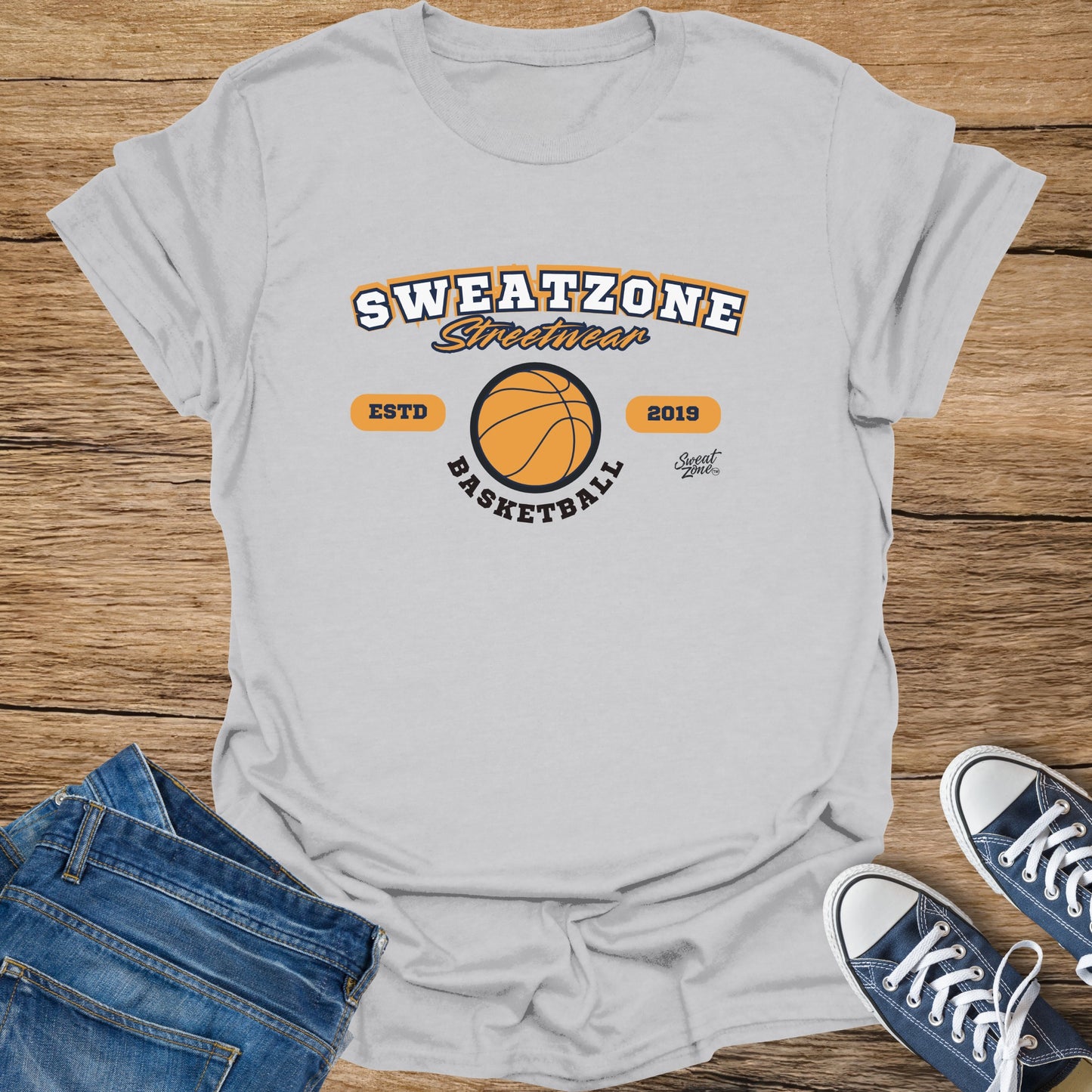 Grey t-shirt with "SWEATZONE Streetwear ESTD 2019 BASKETBALL" graphic and basketball.