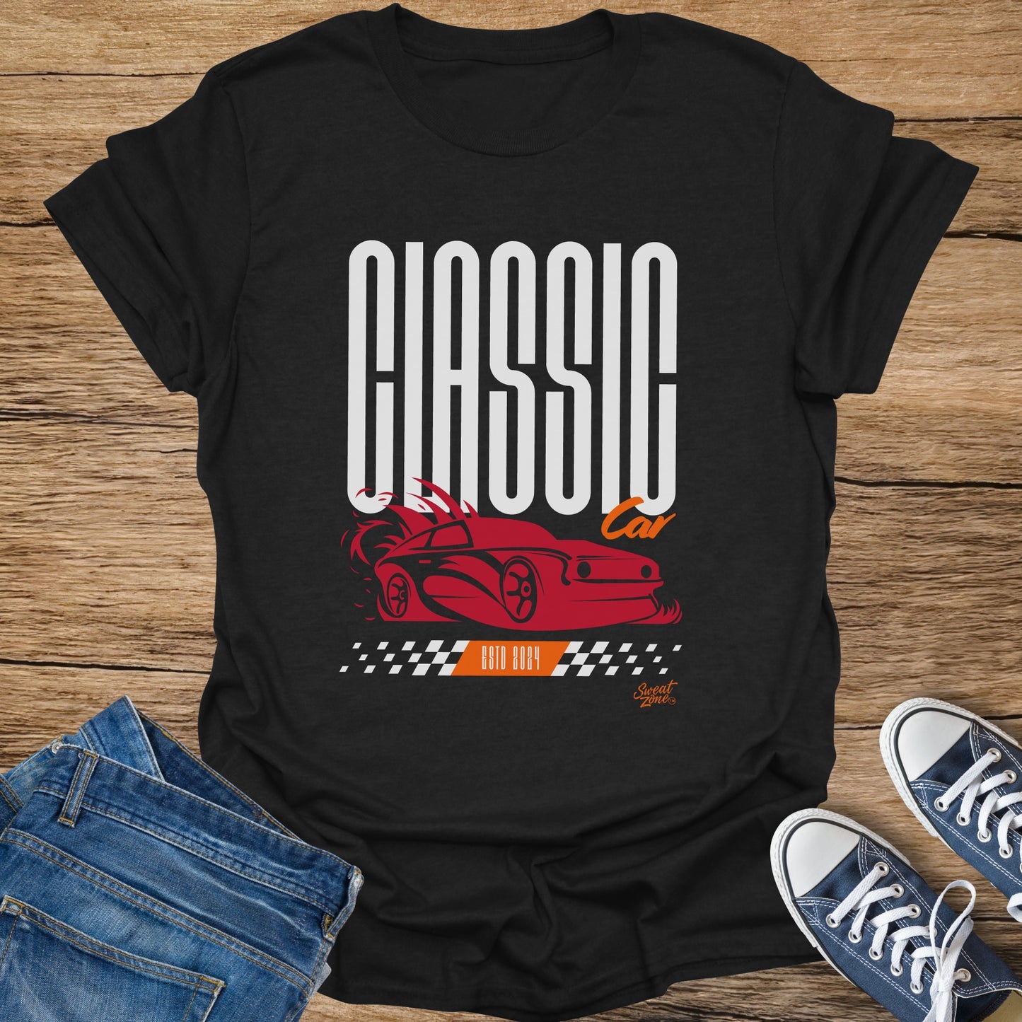 Black t-shirt with "CLASSIC Car" text and red sports car graphic.