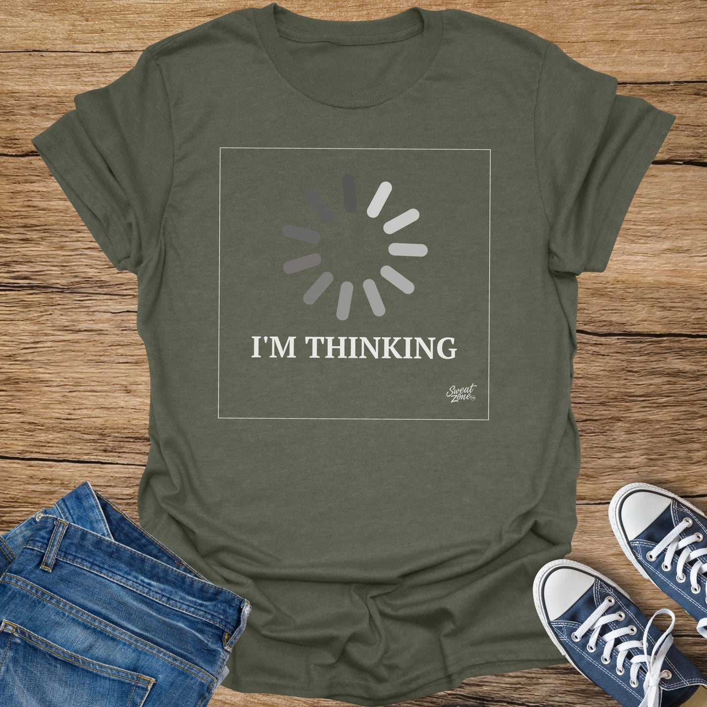 Olive green t-shirt with a loading circle graphic and "I'M THINKING" text.
