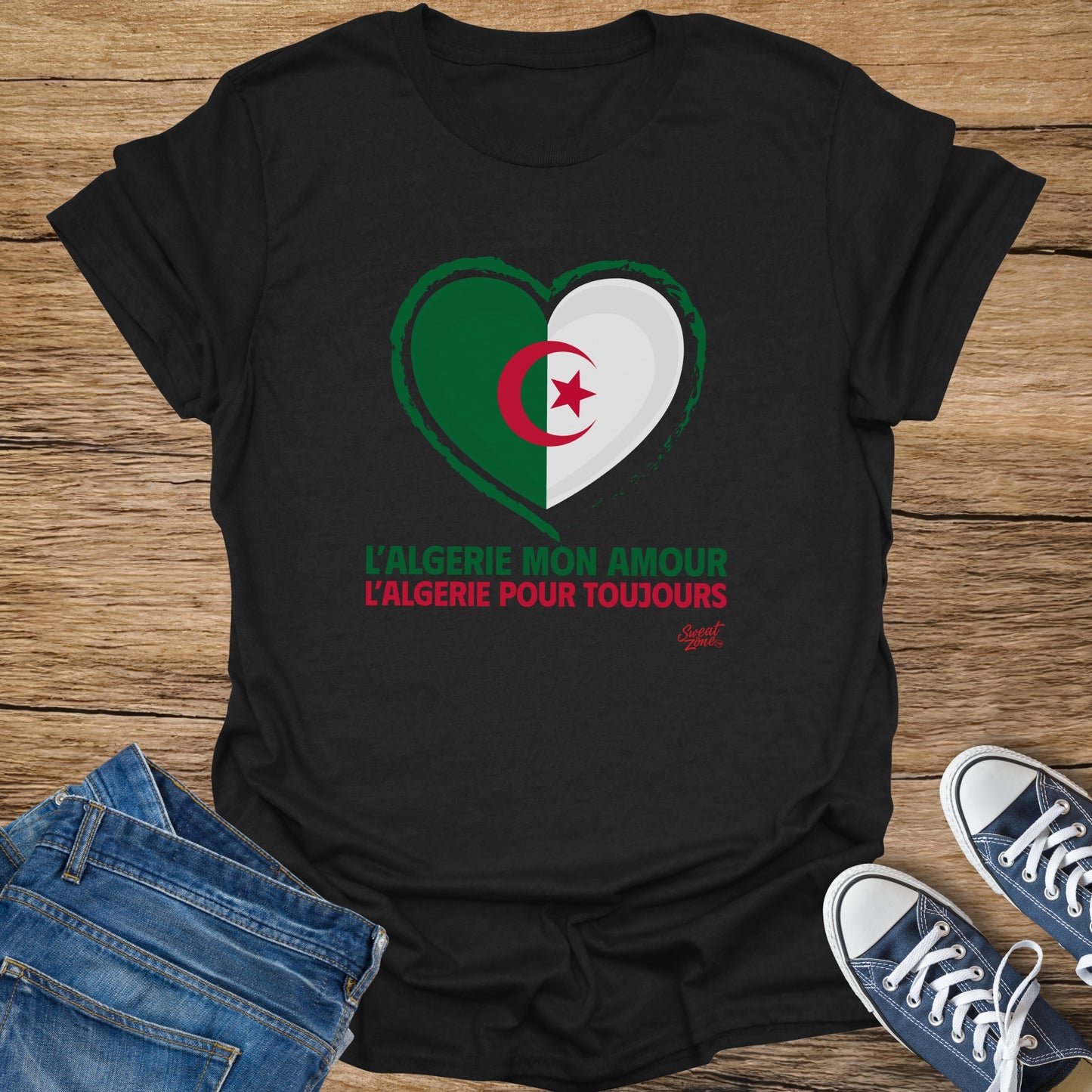 Black t-shirt with heart-shaped Algerian flag and text.