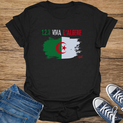 Black t-shirt with "1.2.3 VIVA L'ALGERIE" and Algerian flag art.