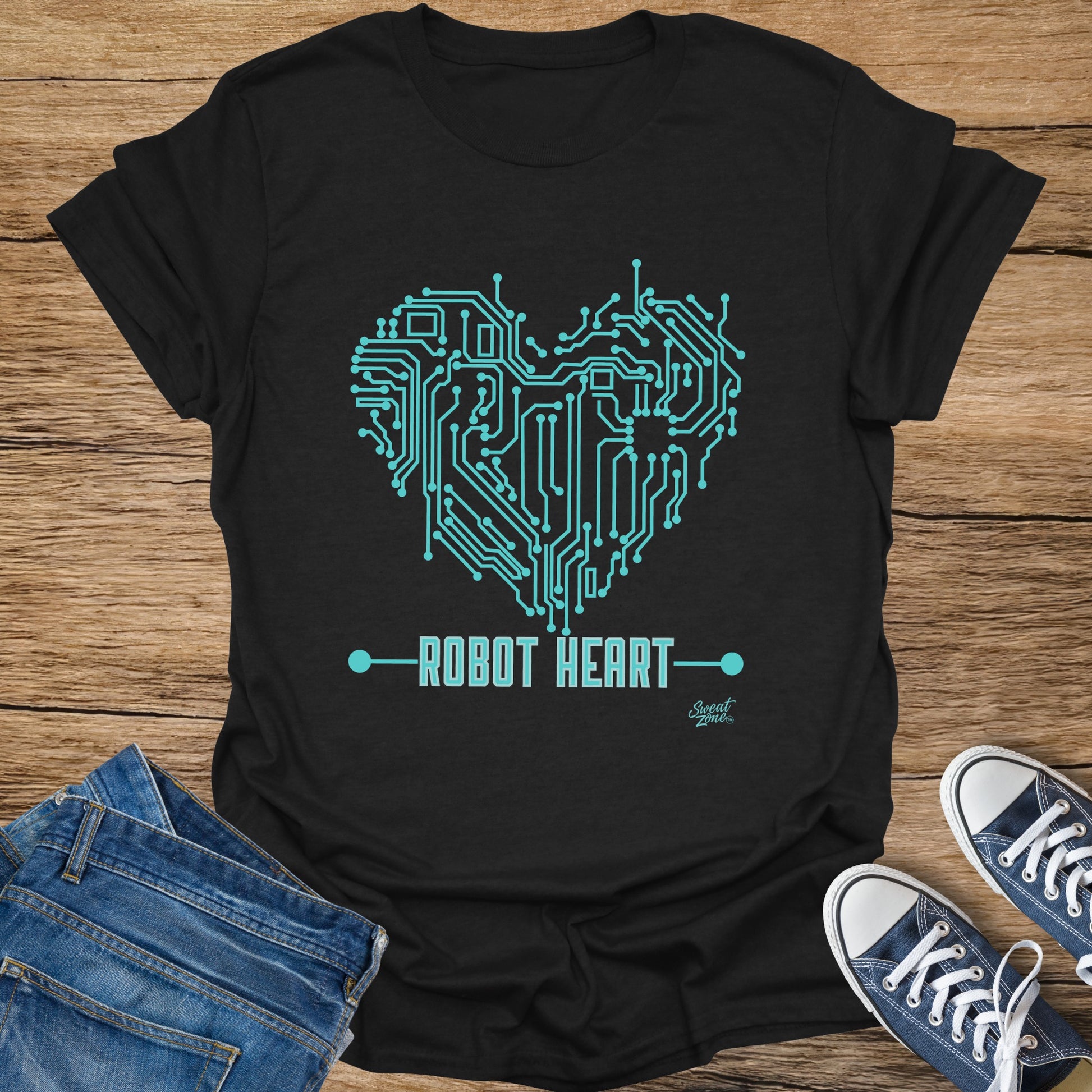 Black t-shirt with a turquoise circuit board heart and "ROBOT HEART" text.