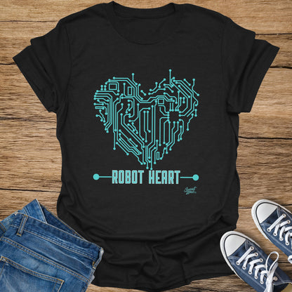 Black t-shirt with a turquoise circuit board heart and "ROBOT HEART" text.